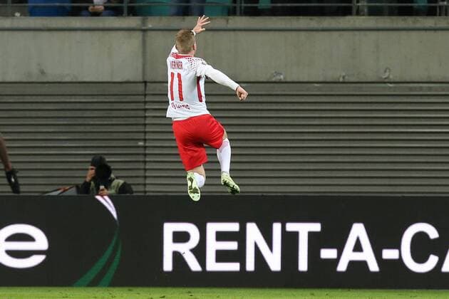 Goalscorer Goalscorer Timo Werner RB Leipzig meets for 1 0 Quarter-Finals Europe League Season 2017 2018 RasenBallsport Leipzig vs Olympique de Marseille at the RB Arena in Leipzig Freisteller Action Germany Soccer Man Men 05 04 2018