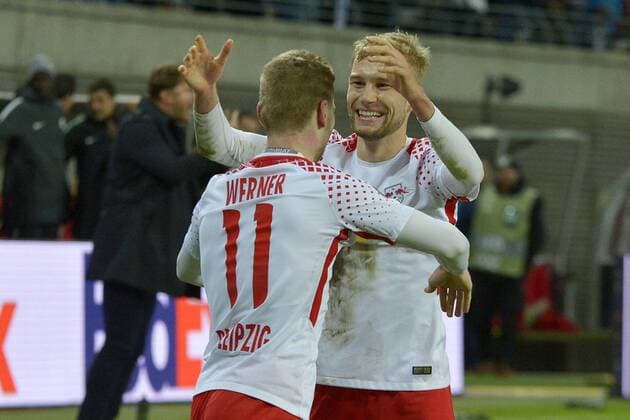 Soccer Europa League 2017 18 quarter-finals RB Leipzig Olympique Marseille 05 04 2018 rejoicing after the goal between 1 0 goalscorer Timo Werner RBL li and Konrad Laimer re Leipzig Saxony Germany