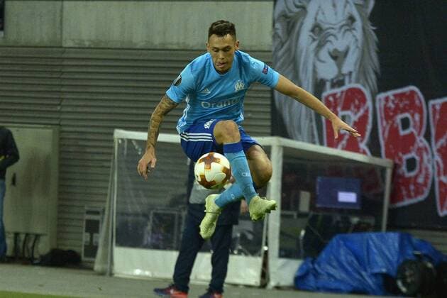 Football Europa League 2017 18 quarter-finals RB Leipzig Olympique Marseille 05 04 2018 Lucas Ocampos Marseille at the ball taking in the air Leipzig Saxony Germany