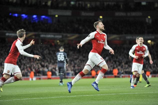 (180406) -- LONDON, April 6, 2018 -- Arsenal s Aaron Ramsey (C) celebrates scoring during the UEFA Europa League quarter-final first leg soccer match between Arsenal and CSKA Moscow in London, Britain on April 5, 2018. Arsenal won the match 4-1. ) (SP)BRITAIN-LONDON-SOCCER-UEFA-EUROPA-QUARTERFINAL-ARSENAL VS CSKA MOSCOW StephenxChung 