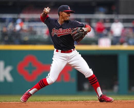April 6, 2018 - Cleveland, OH, USA - Cleveland Indians shortstop Francisco Lindor throws out the Kansas City Royals Whit Merrifield at first in the third inning on Friday, April 6, 2018, at Progressive Field in Cleveland. The Indians won, 3-2. Kansas City at Cleveland - ZUMAm67_ 20180406_zaf_m67_084 Copyright: xLeahxKlafczynskix