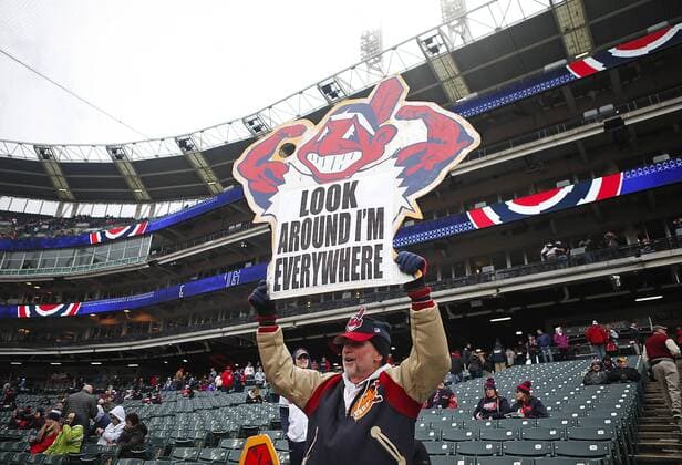 April 6, 2018 - Cleveland, OH, USA - Jim Stamper of Cleveland holds a pro-Wahoo sign at the Cleveland Indians home opener against the Kansas City Royals on Friday, April 6, 2018, at Progressive Field in Cleveland. Kansas City at Cleveland - ZUMAm67_ 20180406_zaf_m67_088 Copyright: xLeahxKlafczynskix