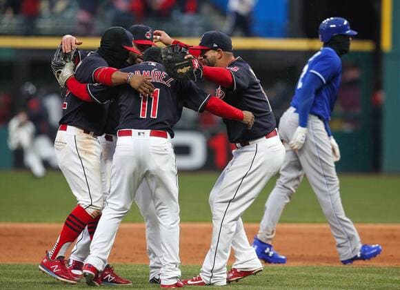 April 6, 2018 - Cleveland, OH, USA - Cleveland Indians infielders celebrate after a double-play against the Kansas City Royals that ended the game in the ninth inning on Friday, April 6, 2018, at Progressive Field in Cleveland. The Indians won, 3-2. Kansas City at Cleveland - ZUMAm67_ 20180406_zaf_m67_095 Copyright: xLeahxKlafczynskix