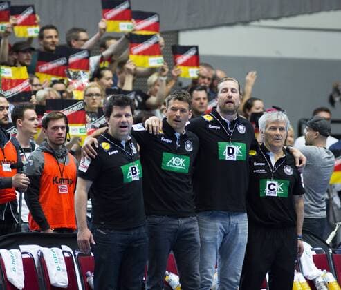 Germany vs Serbia Handball Internationals Test Germany vs Serbia 7 4 2018 Alexander Haase National Coach Christian Prokop Oliver Roggisch and Reinhold Roth sing the national anthem