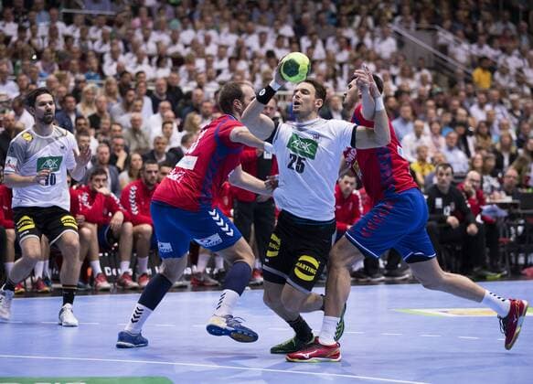 Germany vs Serbia Handball Internationals Test Germany vs Serbia 7 4 2018 Kai Häfner is being cornered by Pesic and Drasco Nenadic