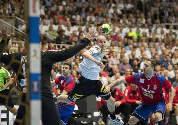 Germany vs Serbia Handball Internationals Test Germany vs Serbia 7 4 2018 Tim Hornke right Stefan Vujic