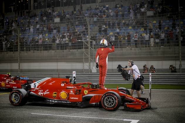 Sebastian Vettel of Scuderia Ferrari celebrates after the qualifying session of the Bahrain Formula One Grand Prix at the Bahrain International Circuit in Sakhir, Bahrain on 7 April 2018. Copyright: xJamesxGasperottix 19520143