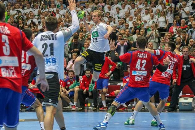 Germanys Marian Michalczik vs. Serbias Miljan Pusica Germany vs Serbia Handball Laenderspiel 07 04 2018 Dortmund North Rhine Westphalia Germany Westfalenhalle Copyright: xAgentur54Gradx SebastianxSendlakx