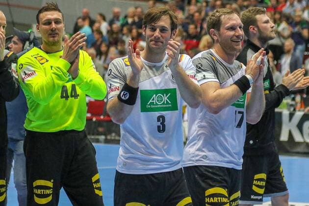 Germany Dario Quenstedt Germany Uwe Gensheimer and Germany Steffen Weinhold Germany vs Serbia Handball Laenderpiel 07 04 2018 Dortmund North Rhine Westphalia Germany Westfalenhalle Copyright: xAgentur54Gradx SebastianxSendlakx
