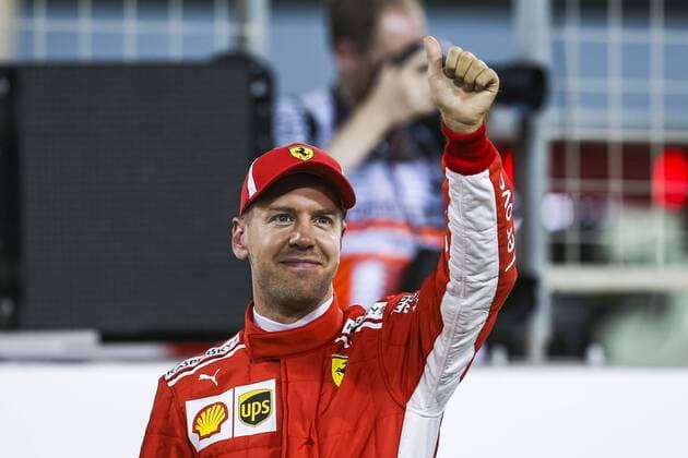 VETTEL Sebastian (ger), Scuderia Ferrari celebrating pole position during 2018 Formula 1 FIA World Championship WM Weltmeisterschaft Bahrain Grand Prix, at Sakhir from April 5 to 8 I Motorsports: FIA Formula One World Championship 2018, Grand Prix of Bahrain, , 5 Sebastian Vettel (GER, Scuderia Ferrari) Sakhir Bahrain