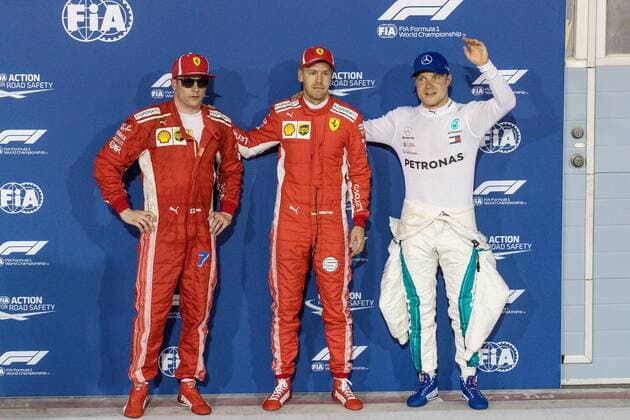 Kimi Raikkoenen Scuderia Ferrari Sebastian Vettel Scuderia Ferrari and Valtteri Bottas Mercedes AMG Petronas Formula One Team Bahrain Grand Prix 2018 Qualifying 07 04 18 Photo Illmann Eibner Sachir Copyright: xEIBNER Illmannx EP_EER