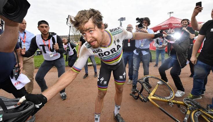 Slovakian Peter Sagan of Bora-Hansgrohe celebrates after winning the 116th edition of the Paris-Roubaix one day cycling race, from Compiegne, near Paris to Roubaix. POOLxBERNARDxPAPON  x05326379x