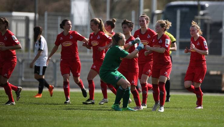 08 04 2018 xcex Germany Frankfurt Soccer Womens Football 2 Women Bundesliga South Season 2017 2018 1 FFC Frankfurt II 1 FC Cologne II Torjubel FC Cologne II Cheers Joy Emotions