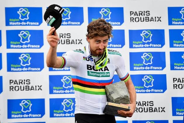 Slovakian Peter Sagan of Bora-Hansgrohe celebrates on the podium with the cobblestone trophy after winning the 116th edition of the Paris-Roubaix one day cycling race, from Compiegne, near Paris to Roubaix. DAVIDxSTOCKMAN  x05326564x