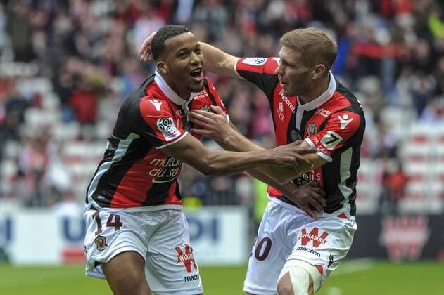 Alassane Plea (OGC Nice) - Maxime Le Marchand (OGC Nice) - joie FOOTBALL : OGC Nice vs FC Rennes - Ligue 1 - Nice - 08 04 2018 NorbertScanella Panoramic 
