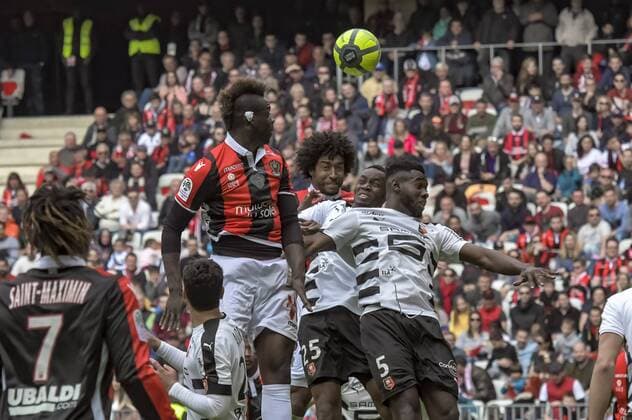 Mario Balotelli (OGC Nice) - Dante (OGC Nice) - Diafra Sakho (FC Rennes) - Joris Gnagnon (FC Rennes) FOOTBALL : OGC Nice vs FC Rennes - Ligue 1 - Nice - 08 04 2018 NorbertScanella Panoramic 