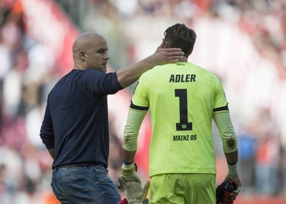 Rouven SCHROEDER l Schröder Sport Board Manager MZ claps goalkeeper Rene ADLER MZ after the match Soccer 1 Bundesliga 29 Round 1 FC Koeln 1 FSV Mainz 05 MZ at 07 04 2018 in Koeln Germany