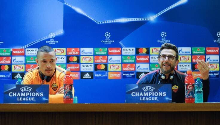 9th April 2018, Stadio Olimpico, Rome, Italy; UEFA Champions League football, AS Roma versus FC Barcelona Barca pre-match press conference PK Pressekonferenz Radja Nainggolan and coach Eusebio Di Francesco  ActionPlus12011251