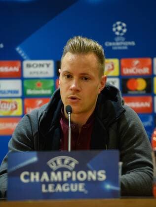April 9, 2018 - Rome, Italy - Marc-Andre ter Stegen of FC Barcelona Barca speaks arrives to a press conference PK Pressekonferenz on the eve of their UEFA Champions League match against AS Roma at Olympic Stadium on april 09, 2018 in Rome, Italy. Barcelona press conference  - ZUMAn230 20180409_zaa_n230_326 Copyright: xSilviaxLorex