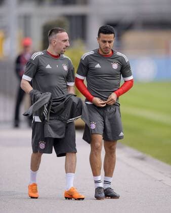 10 4 2018 Football Champions League 2017 2018 Bayern Munich Training at the Säbenerstrasse before the Champions League match against Sevilla v left Franck Ribery FC Bayern Munich Thiago FC Bayern Munich