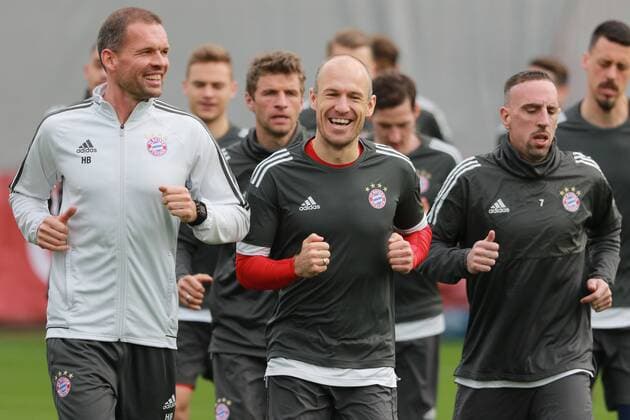 Arjen Robben Franck Ribery 7 Thomas Muller Sandro Wagner FT Thomas Broich are running football FC Bayern Munich final training before the CL game against Sevilla FC 10 04 2018