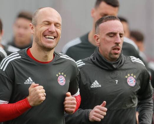 Arjen Robben li and Franck Ribery are running football FC Bayern Munich final training before the CL game against Sevilla FC 10 04 2018