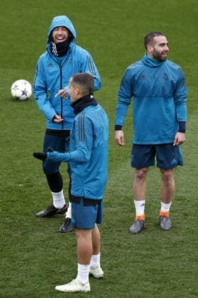 Real Madrid s players Segio Ramos, Lucas Vazquez and Carvajal take part in a training session at Valdebebas sports facilities in Madrid, Spain, 10 April 2018. Real Madrid will face Juventus in their UEFA Champions League quarter final second leg match on 11 April. Real Madrid training session !ACHTUNG: NUR REDAKTIONELLE NUTZUNG!  Copyright: xJAVIERxLIZÓNx GRAF076 20180410-636589604651033674