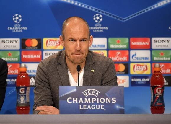 10 4 2018 Football Champions League 2017 2018 FC Bayern Munich Press conference in the Allianz Arena ahead of the Champions League match against Sevilla Arjen Robben FC Bayern München are pleased to provide the journalists with information