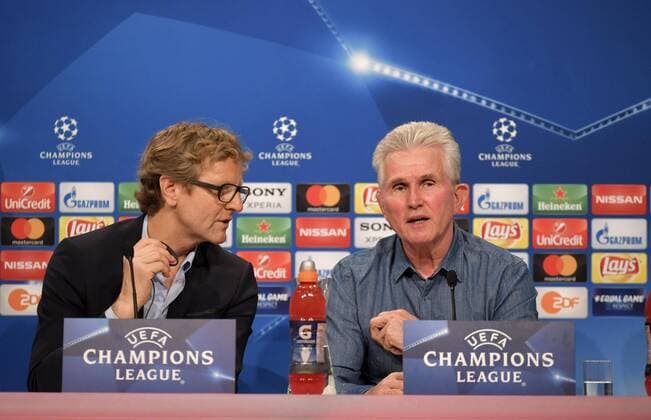 10 4 2018 Football Champions League 2017 2018 FC Bayern Munich Press conference in the Allianz Arena before the Champions League match against Sevilla Coach Jupp Heynckes re FC Bayern Munich willingly provides the journalists with information Press Secretary Dieter Nickles FC Bayern