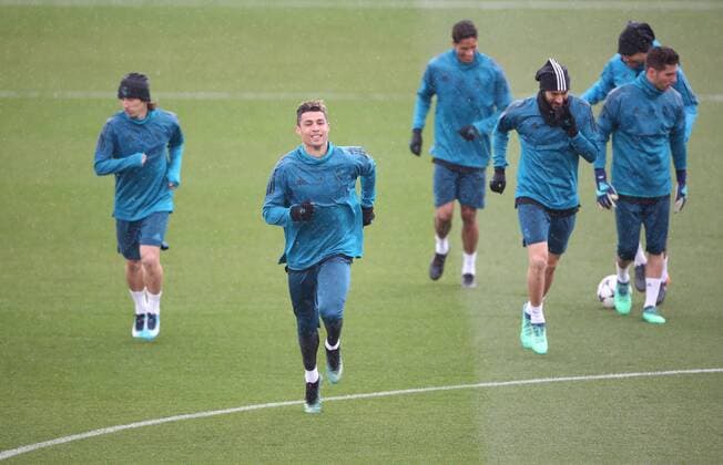 April 10, 2018 - Madrid, Spain - Cristiano Ronaldo of Real Madrid CF jokes with his team mates during a training session ahead of their UEFA Champions LEague quarter final second leg match against Juventus at Valdebebas training ground on April 10, 2018 in Madrid, Spain. Real Madrid Training  - ZUMAn230 20180410_zaa_n230_038 Copyright: xRaddadxJebarahx