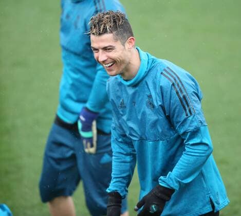 April 10, 2018 - Madrid, Spain - Cristiano Ronaldo of Real Madrid CF jokes with his team mates during a training session ahead of their UEFA Champions LEague quarter final second leg match against Juventus at Valdebebas training ground on April 10, 2018 in Madrid, Spain. Real Madrid Training  - ZUMAn230 20180410_zaa_n230_047 Copyright: xRaddadxJebarahx