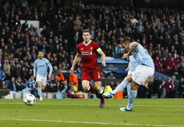 Manchester City s Gabriel Jesus scoring his sides opening goal during the Champions League Quarter Final 2nd Leg match at the Etihad Stadium, Manchester. Picture date: 10th April 2018. Picture credit should read: David Klein Sportimage EDITORIAL USE ONLY. No use with unauthorised audio, video, data, fixture lists, club league logos or live services. Online in-match use limited to 120 images, no video emulation. No use in betting, games or single club league player publications.