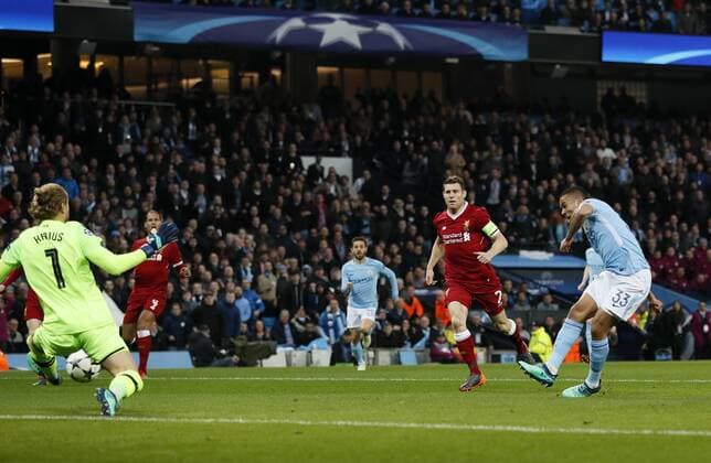 Manchester City s Gabriel Jesus scoring his sides opening goal during the Champions League Quarter Final 2nd Leg match at the Etihad Stadium, Manchester. Picture date: 10th April 2018. Picture credit should read: David Klein Sportimage EDITORIAL USE ONLY. No use with unauthorised audio, video, data, fixture lists, club league logos or live services. Online in-match use limited to 120 images, no video emulation. No use in betting, games or single club league player publications.