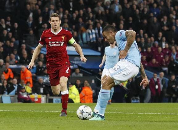 Manchester City s Gabriel Jesus scoring his sides opening goal during the Champions League Quarter Final 2nd Leg match at the Etihad Stadium, Manchester. Picture date: 10th April 2018. Picture credit should read: David Klein Sportimage EDITORIAL USE ONLY. No use with unauthorised audio, video, data, fixture lists, club league logos or live services. Online in-match use limited to 120 images, no video emulation. No use in betting, games or single club league player publications.
