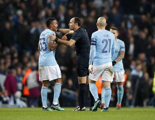 Manchester City s Gabriel Jesus argues with referee Antonio Mateu Lahoz at half time during the Champions League Quarter Final 2nd Leg match at the Etihad Stadium, Manchester. Picture date: 10th April 2018. Picture credit should read: David Klein Sportimage EDITORIAL USE ONLY. No use with unauthorised audio, video, data, fixture lists, club league logos or live services. Online in-match use limited to 120 images, no video emulation. No use in betting, games or single club league player publications.