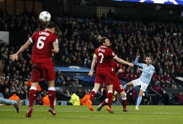 Manchester City s Bernardo Silva hits the post during the Champions League Quarter Final 2nd Leg match at the Etihad Stadium, Manchester. Picture date: 10th April 2018. Picture credit should read: David Klein Sportimage EDITORIAL USE ONLY. No use with unauthorised audio, video, data, fixture lists, club league logos or live services. Online in-match use limited to 120 images, no video emulation. No use in betting, games or single club league player publications.