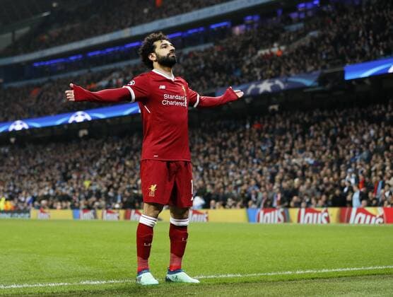 Themen der Woche - SPORT KW15 Bilder des Tages - SPORT Liverpool s Mohamed Salah celebrates scoring his sides opening goal during the Champions League Quarter Final 2nd Leg match at the Etihad Stadium, Manchester. Picture date: 10th April 2018. Picture credit should read: David Klein Sportimage EDITORIAL USE ONLY. No use with unauthorised audio, video, data, fixture lists, club league logos or live services. Online in-match use limited to 120 images, no video emulation. No use in betting, games or single club league player publications.