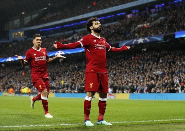Liverpool s Mohamed Salah celebrates scoring his sides opening goal during the Champions League Quarter Final 2nd Leg match at the Etihad Stadium, Manchester. Picture date: 10th April 2018. Picture credit should read: David Klein Sportimage EDITORIAL USE ONLY. No use with unauthorised audio, video, data, fixture lists, club league logos or live services. Online in-match use limited to 120 images, no video emulation. No use in betting, games or single club league player publications.