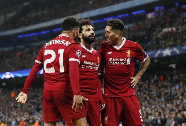 Liverpool s Mohamed Salah celebrates scoring his sides opening goal during the Champions League Quarter Final 2nd Leg match at the Etihad Stadium, Manchester. Picture date: 10th April 2018. Picture credit should read: David Klein Sportimage EDITORIAL USE ONLY. No use with unauthorised audio, video, data, fixture lists, club league logos or live services. Online in-match use limited to 120 images, no video emulation. No use in betting, games or single club league player publications.