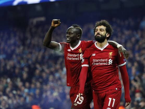 Liverpool s Mohamed Salah celebrates scoring his sides opening goal during the Champions League Quarter Final 2nd Leg match at the Etihad Stadium, Manchester. Picture date: 10th April 2018. Picture credit should read: David Klein Sportimage EDITORIAL USE ONLY. No use with unauthorised audio, video, data, fixture lists, club league logos or live services. Online in-match use limited to 120 images, no video emulation. No use in betting, games or single club league player publications.