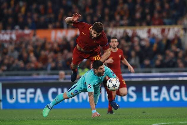 Federico Fazio Roma e Luis Suarez Barcelona Roma 10-04-2018 Stadio Olimpico Football Calcio UEFA Champions League 2017 2018 AS Roma - Barcelona AS Roma - Barcellona Quarti di finale ritorno, Quarter finals 2nd leg Foto Cesare Purini Insidefoto cesarexpurini