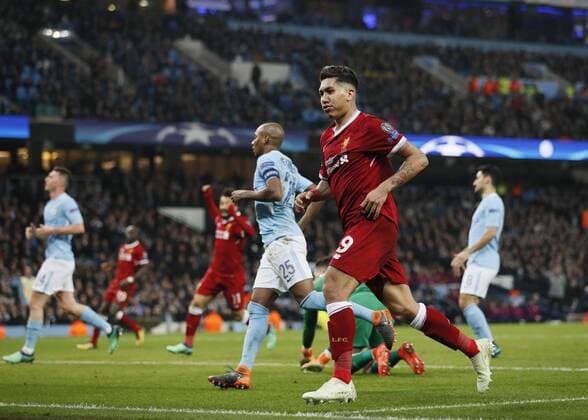 Liverpool s Roberto Firmino celebrates scoring his sides second goal during the Champions League Quarter Final 2nd Leg match at the Etihad Stadium, Manchester. Picture date: 10th April 2018. Picture credit should read: David Klein Sportimage EDITORIAL USE ONLY. No use with unauthorised audio, video, data, fixture lists, club league logos or live services. Online in-match use limited to 120 images, no video emulation. No use in betting, games or single club league player publications.