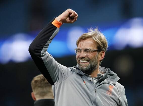 Liverpool s Jurgen Klopp celebrates at the final whistle during the Champions League Quarter Final 2nd Leg match at the Etihad Stadium, Manchester. Picture date: 10th April 2018. Picture credit should read: David Klein Sportimage EDITORIAL USE ONLY. No use with unauthorised audio, video, data, fixture lists, club league logos or live services. Online in-match use limited to 120 images, no video emulation. No use in betting, games or single club league player publications.