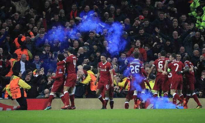 10th April 2018, Etihad Stadium, Manchester, England; UEFA Champions League football, quarter final, second leg; Manchester City verses Liverpool; Mohamed Salah of Liverpool celebrates his equalising goal for Liverpool in the 56th minute to make the score 1-1  ActionPlus12011660