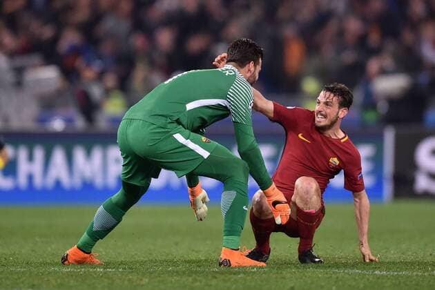 Esultanza per la vittoria Alessandro Florenzi e Alisson Roma Roma 10-04-2018 Stadio Olimpico Champions League, Quarti di Finale. AS Roma - Barcellona AS Roma - Barcelona Foto Antonietta Baldassarre Insidefoto AntoxBaldassarre