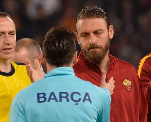 April 10, 2018 - Rome, Italy - Lionel Messiand Daniele De Rossi during the UEFA Champions League quarter final match between AS Roma and FC Barcelona Barca at the Olympic stadium on April 10, 2018 in Rome, Italy. AS Roma v FC Barcelona - UEFA Champions League Quarter Final Second Leg  - ZUMAn230 20180410_zaa_n230_247 Copyright: xSilviaxLorex