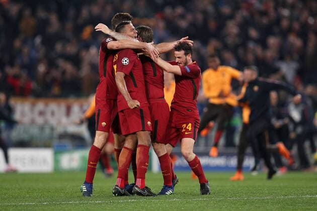 Fußball, CL, AS Rom - FC Barcelona L’esultanza dei giocatori della Roma al fischio finale dopo la qualificazione alla semifinale di Champions League Roma 10-04-2018 Stadio Olimpico Champions League, Quarti di Finale. AS Roma - Barcellona AS Roma - Barcelona Foto Luca Pagliaricci Insidefoto LucaxPagliaricci