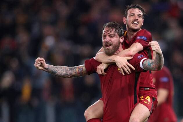 Esultanza fine gara Daniele De Rossi e Alessandro Florenzi Roma celebration Roma 10-04-2018 Stadio Olimpico Champions League, Quarti di Finale. AS Roma - Barcellona AS Roma - Barcelona Foto Luca Pagliaricci Insidefoto LucaxPagliaricci