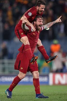 Esultanza fine gara Daniele De Rossi e Alessandro Florenzi Roma celebration Roma 10-04-2018 Stadio Olimpico Champions League, Quarti di Finale. AS Roma - Barcellona AS Roma - Barcelona Foto Luca Pagliaricci Insidefoto LucaxPagliaricci