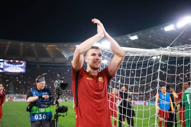 Fußball, CL, AS Rom - FC Barcelona Esultanza a fine partita per la qualificazione alla semifinale Edin Dzeko Roma Roma 10-04-2018 Stadio Olimpico Football Calcio UEFA Champions League 2017 2018 AS Roma - Barcelona AS Roma - Barcellona Quarti di finale ritorno, Quarter finals 2nd leg Foto Cesare Purini Insidefoto cesarexpurini
